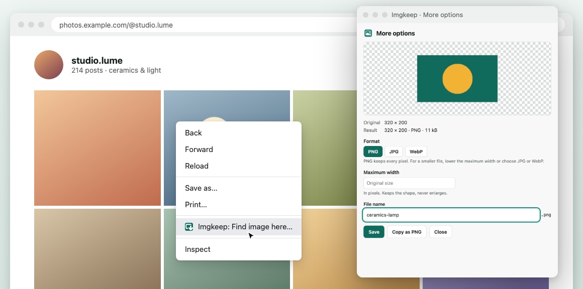 A photo grid on a made-up site, photos.example.com. Right-clicking a photo shows the page menu (Back, Forward, Reload, Save as, Print) with Imgkeep: Find image here… highlighted. Beside it, Imgkeep's More options window shows the found image with PNG, JPG and WebP, a maximum width, a file name, and Save and Copy as PNG buttons.