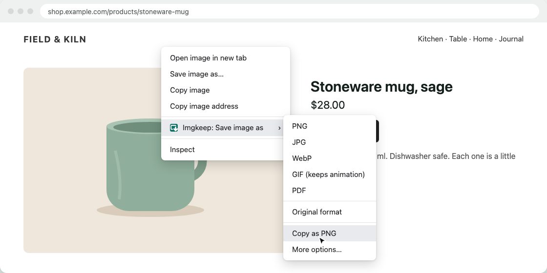 A product photo on a web page, right-clicked. The menu shows Imgkeep: Save image as, with a submenu listing PNG, JPG, WebP, GIF (keeps animation), PDF, Original format, Copy as PNG and More options. Copy as PNG is highlighted.