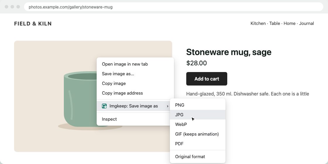 A product photo on a web page, right-clicked. The menu shows Imgkeep: Save image as, with a submenu listing PNG, JPG, WebP, GIF (keeps animation), PDF and Original format. JPG is highlighted.