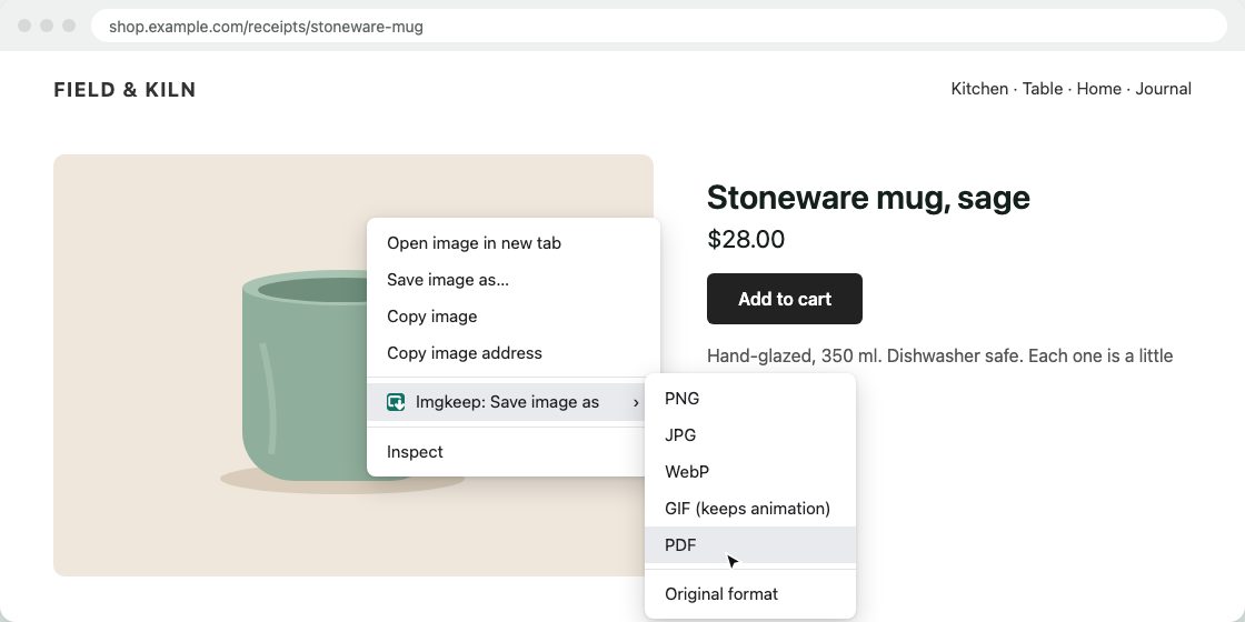 A product photo on a web page, right-clicked. The menu shows Imgkeep: Save image as, with a submenu listing PNG, JPG, WebP, GIF (keeps animation), PDF and Original format. PDF is highlighted.